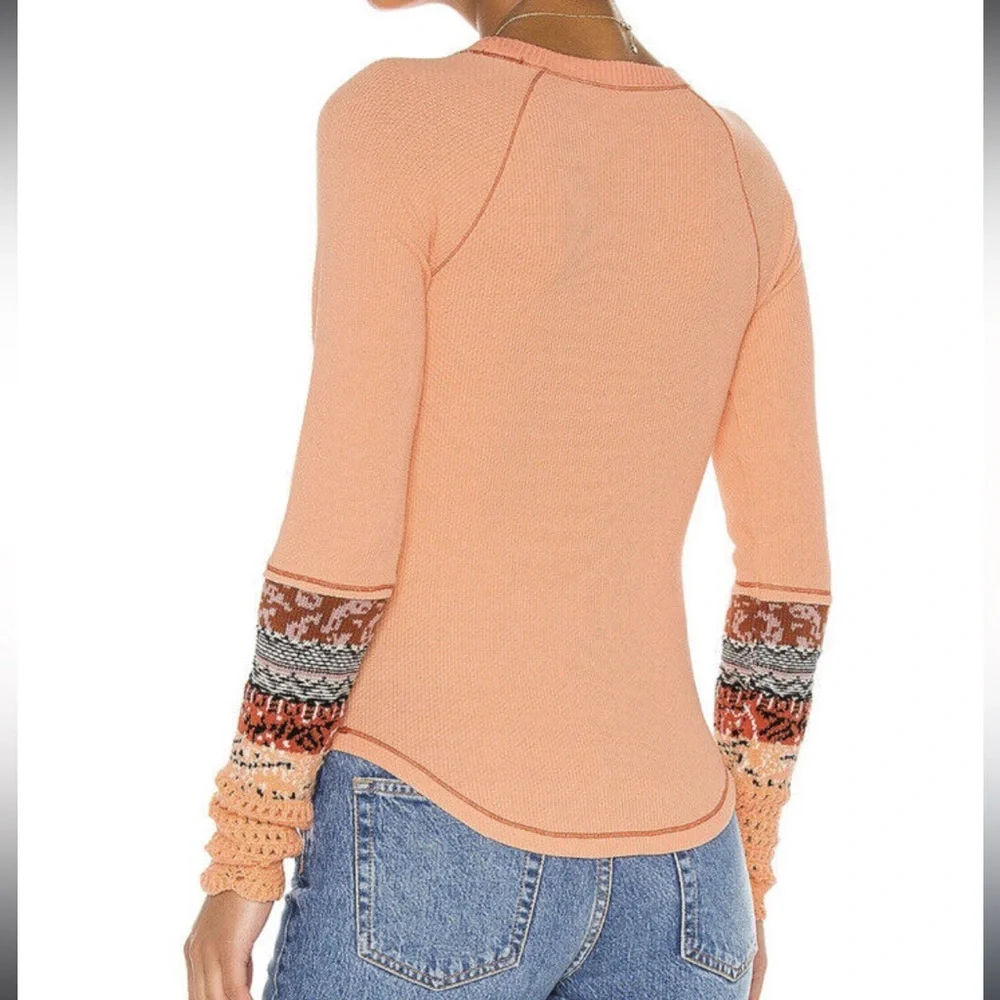 Free People in The Mix Cuff Thermal Boho Top, Desert Orange Combo NWOT Size‎ XS